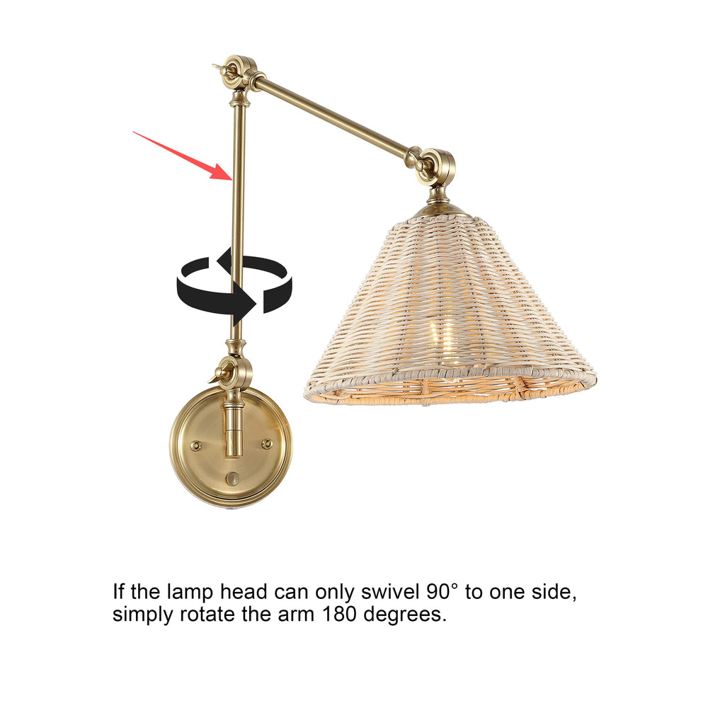 Wall Sconce Rattan Wrapped Wall Lamp, Large Lampshade, Adjustable Swing Arm Wall Light Gold Vintage Bedside Light