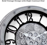 Wall Clock with Moving Gears, Vintage Industrial 16-Inch Silent Non-Ticking Steampunk Timepiece, Retro Frame Analog Battery Operated...
