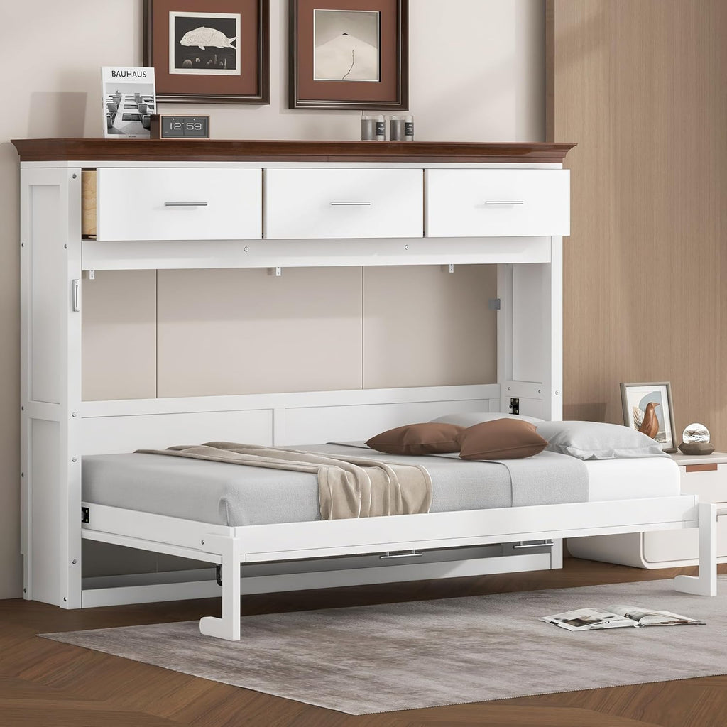 Twin Horizontal Murphy Bed with Drawers,Wood Space-Saving Folding Hideaway Murphy Wall Bed with Storage Drawers, for