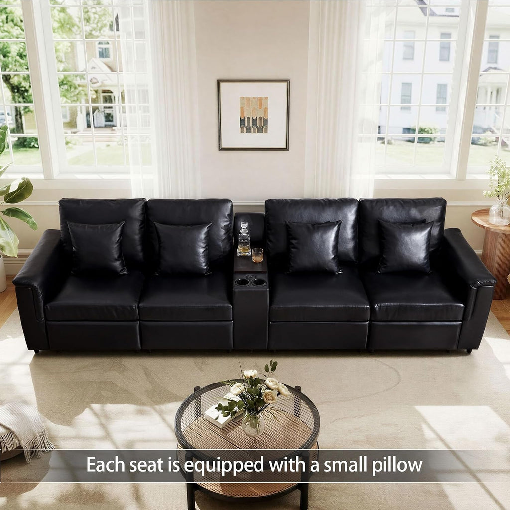 Faux Leather Sectional Sofa, Modern Leather 4 Seater Couch with Pillows and Storage Console, Modular Cloud Sofa, Black