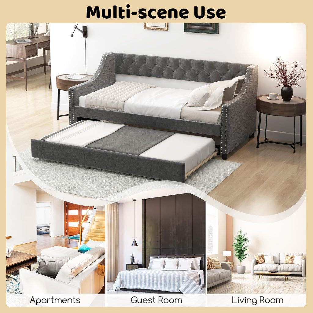 Upholstered Twin Daybed with Trundle, Modern Trundle Bed with Button Tufted Backrest and Wooden Slat Support, Twin