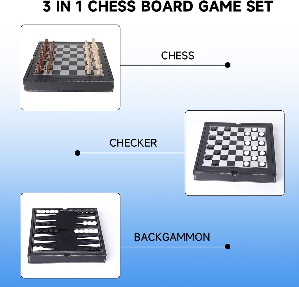 GSE 12.5" Leather 3-in-1 Chess Checkers Backgammon Set for Kids & Adults - Set of 32