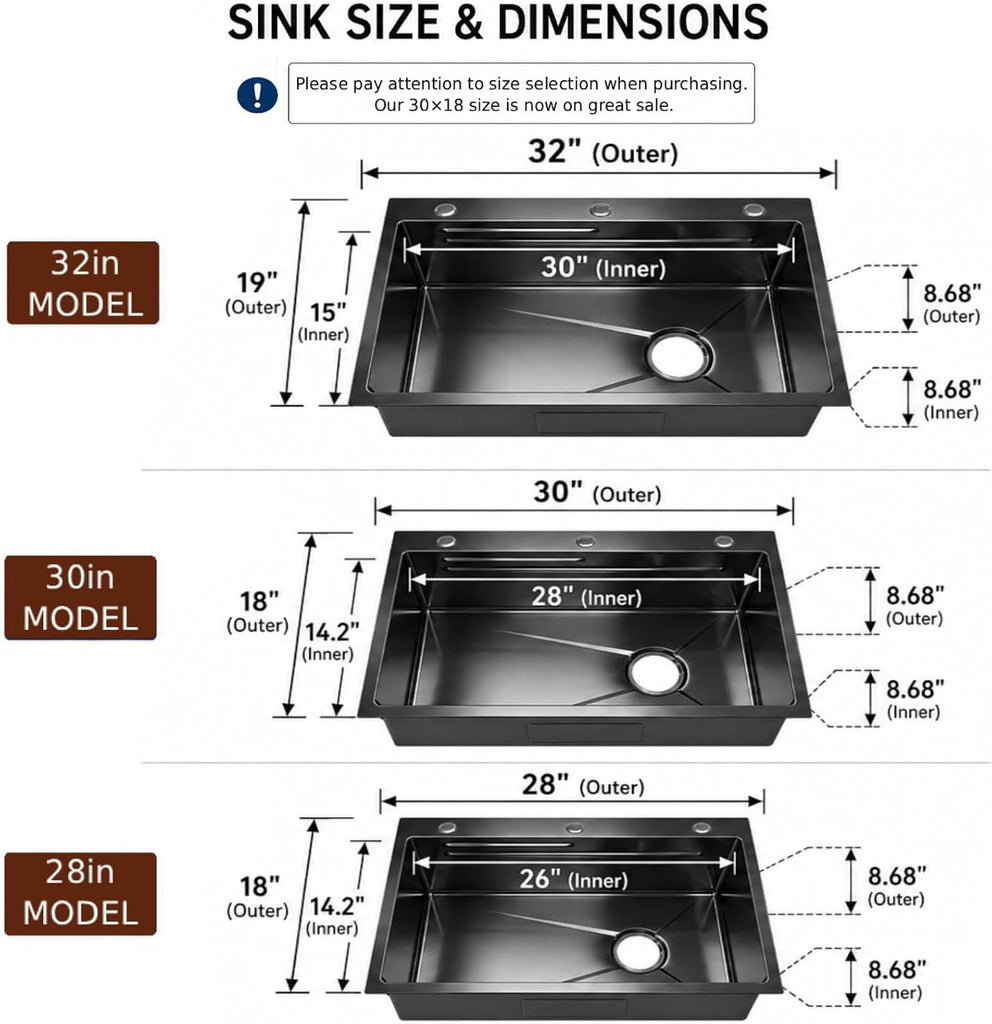 Black Drop Sink: 30in Stainless Steel single bowl Workstation | 8.68 Spacious Single Basin Speeds Up Post Feast