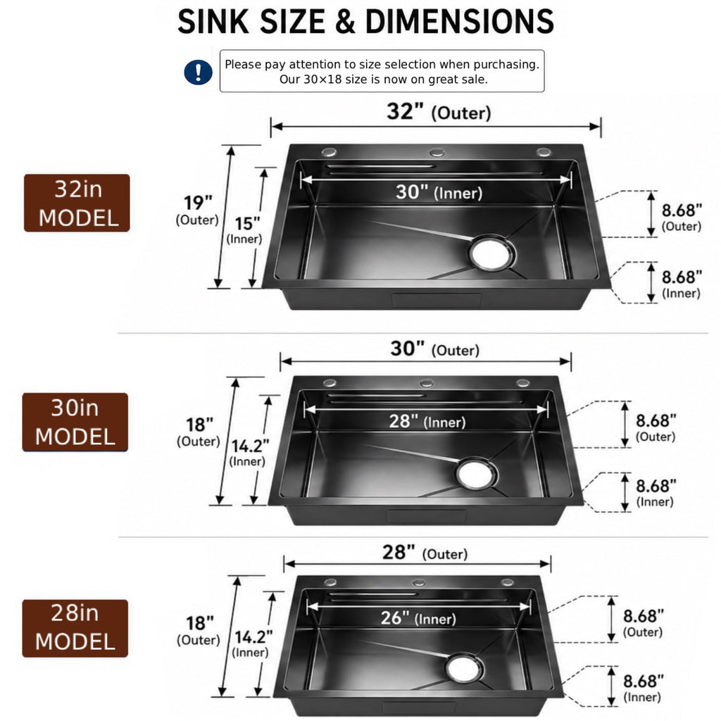 Black Drop Sink: 32in Stainless Steel single bowl Workstation
