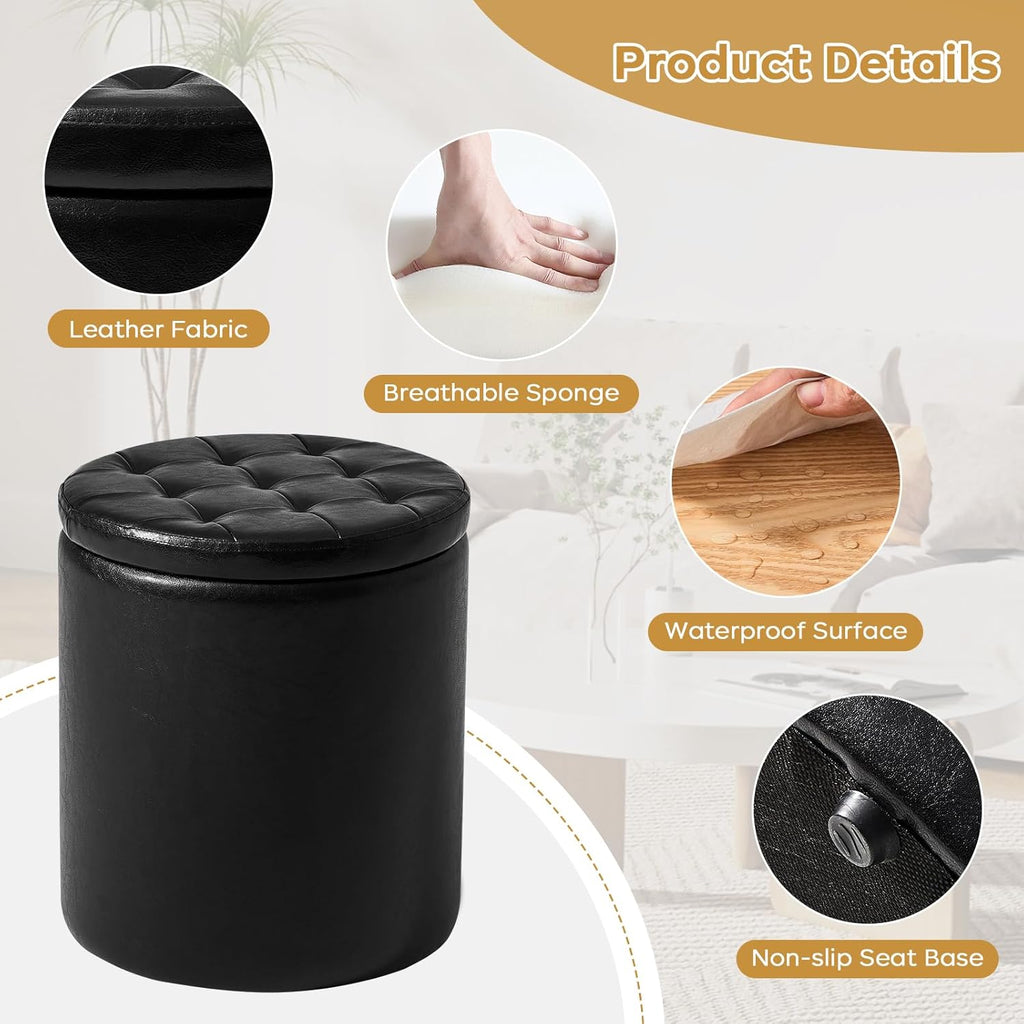 Round Ottoman with Storage Set of 2, 12.6" W x 14.17" H & 14.76" W x 17.32" H Faux Footstool Storage Ottomans Padded