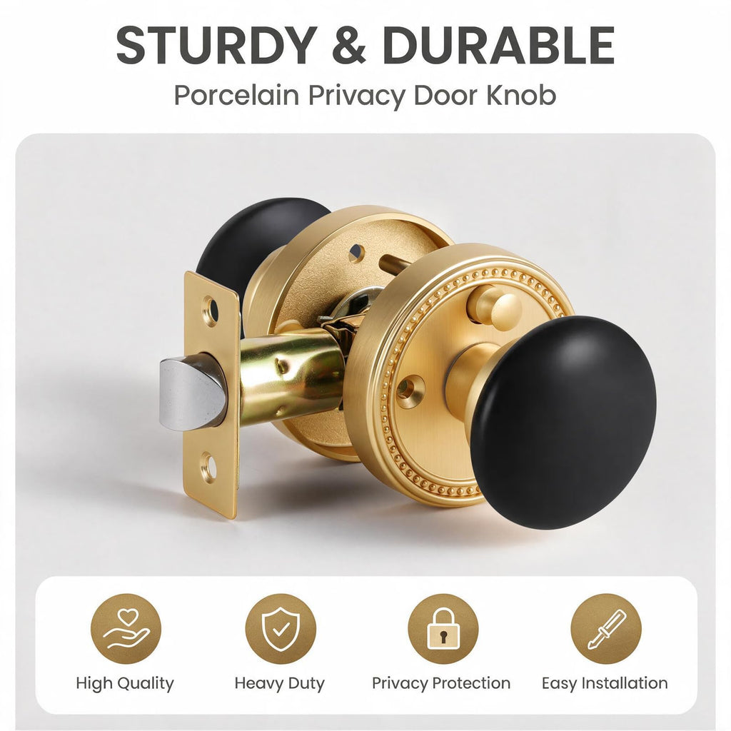 Black Porcelain Privacy Door Knob with Gold Base, 1 Pack