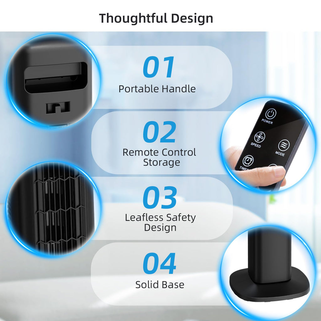 Portable Tower Fan, 80°Oscillation Fan, with Remote Control, Standing Bladeless Fan, 5 Speeds and 3 Modes, Low Noise
