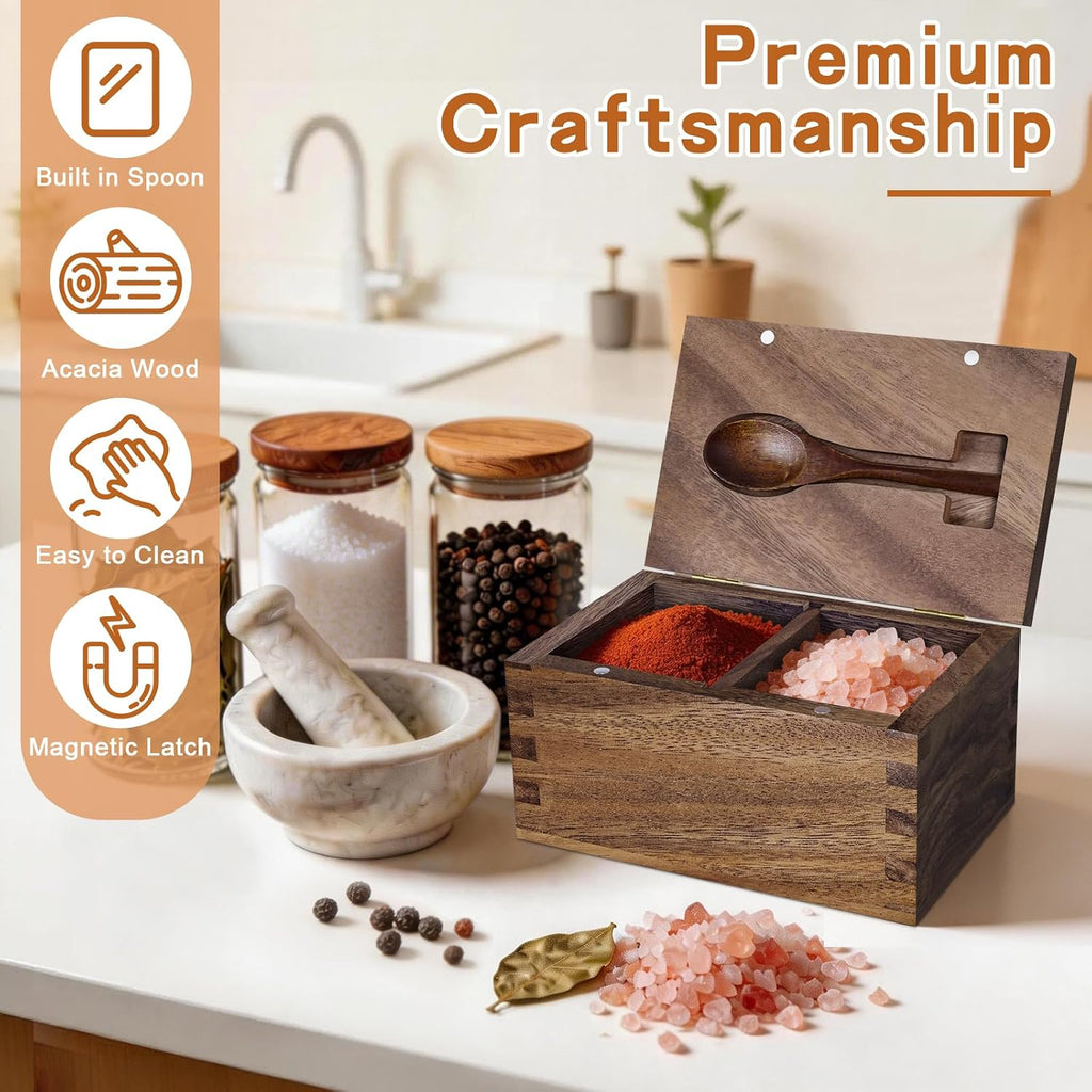Salt Cellar with Lid & Spoon, Acacia Wood Salt Container, Salt Holder