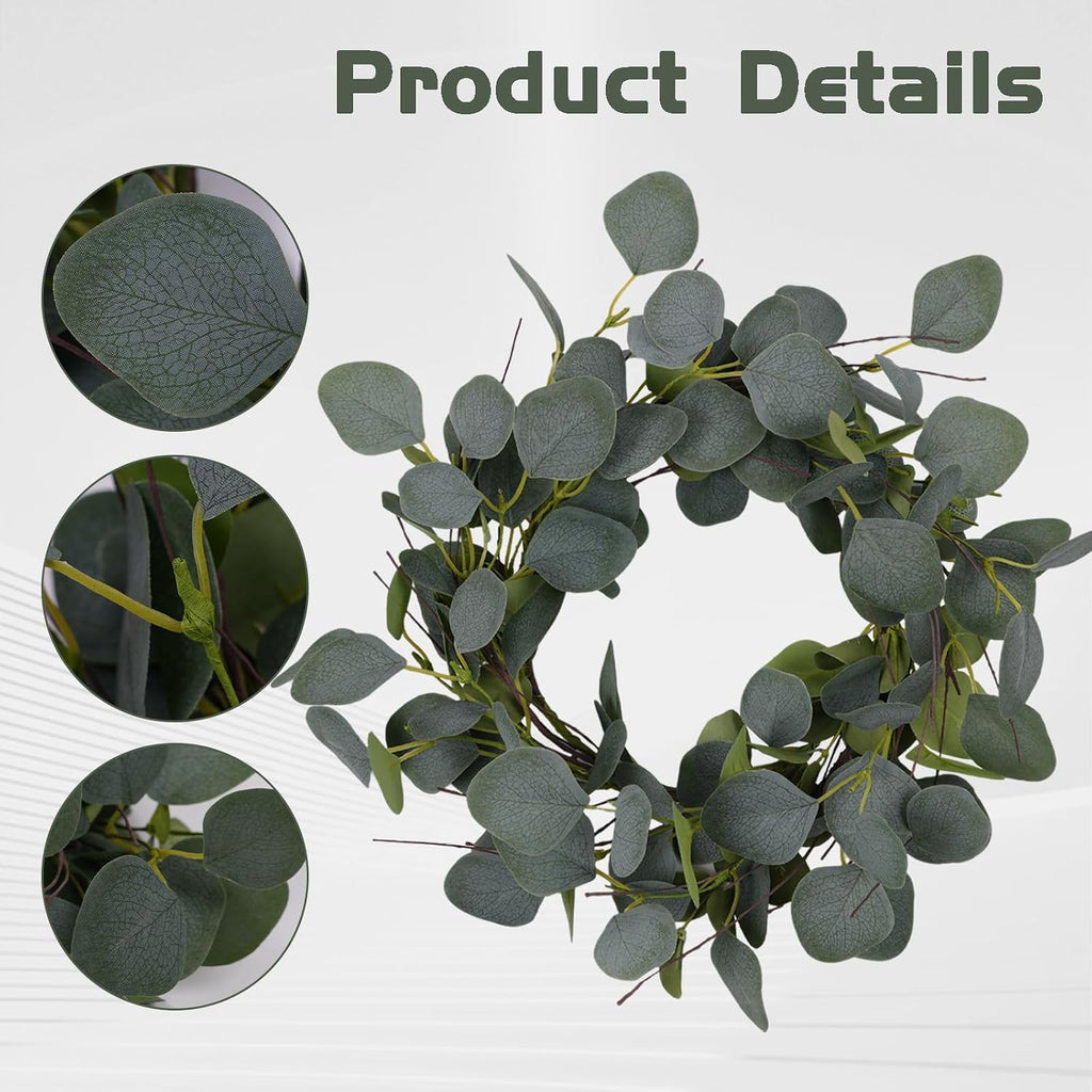 Eucalyptus Leaves Wreath Metal Polyester Green Wreath 15 Inches for The Front Door Décor, 1 Pack