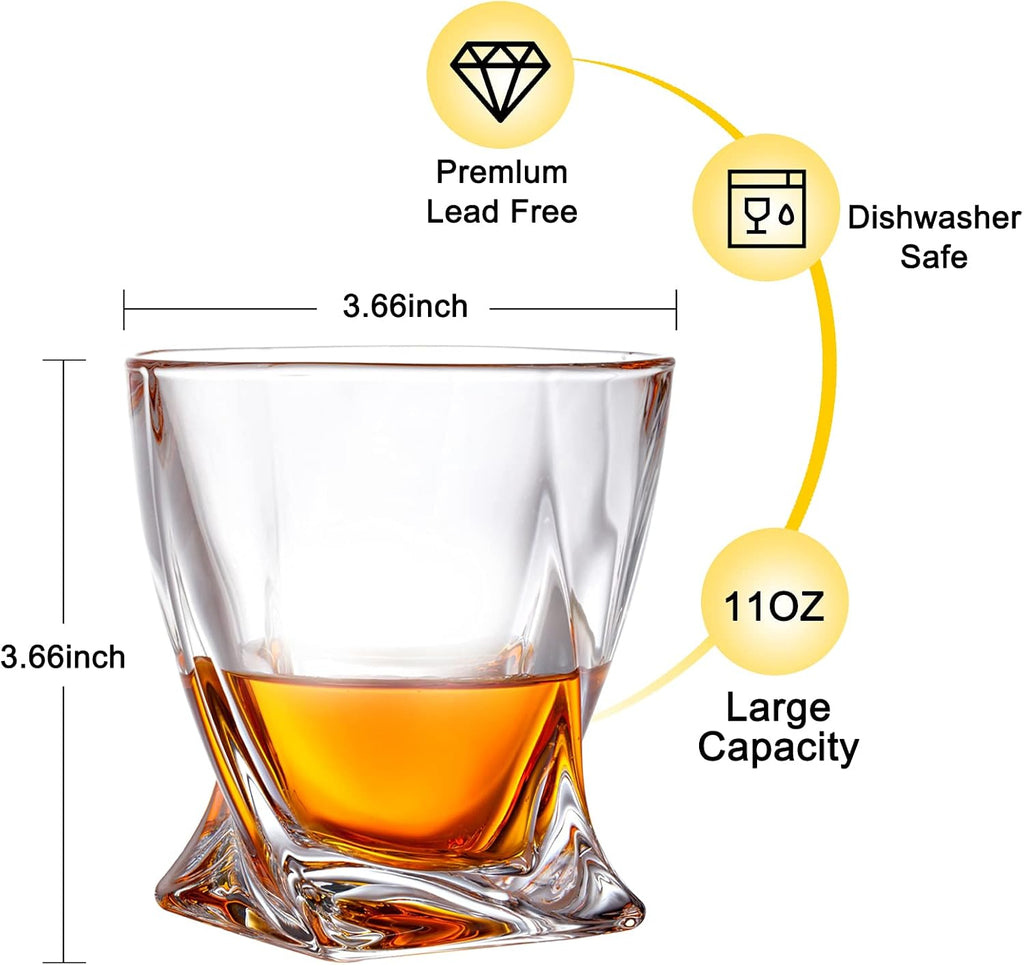 Whiskey Rocks Glass, Set of 4 (2 Crystal Bourbon Glasses, 2 Round Big Ice Ball Molds) In Gift Box - 11 Oz Old