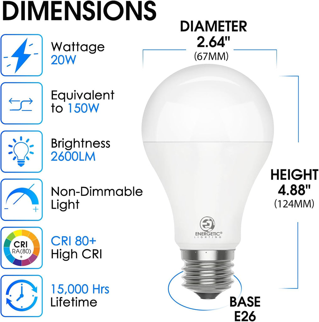 Energetic 6 Pack 150 Watt Light Bulb, 2600LM Super Bright, A21 LED Bulb, Daylight 5000K, High Lumens LED Bulb
