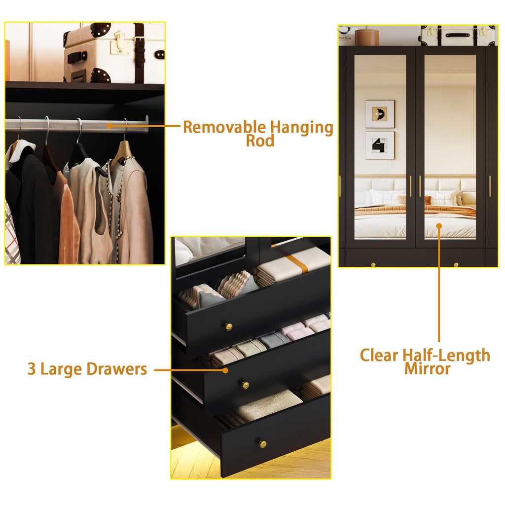 75" Tall Wardrobe Closet with 4 Doors & 3 Drawers, Modern Armoire with Mirror & LED Lights, Wooden Armoire Wardrobe