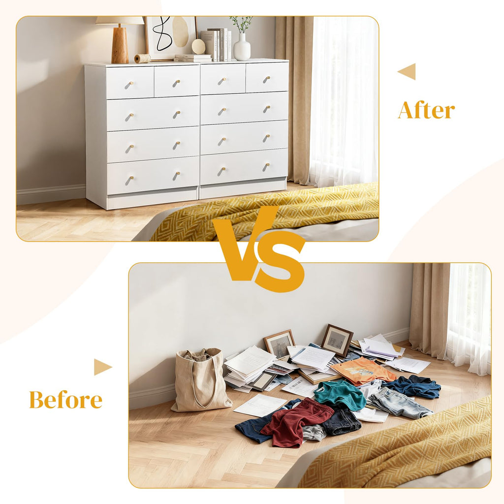White 5 Drawer, Rose Gold Handle Modern Bedroom Chest
