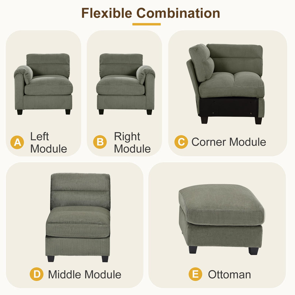 90" Modular Sectional Sofa Couch with Movable Ottoman, Oversized Corduroy U Shaped Sectional Couches with Rolled