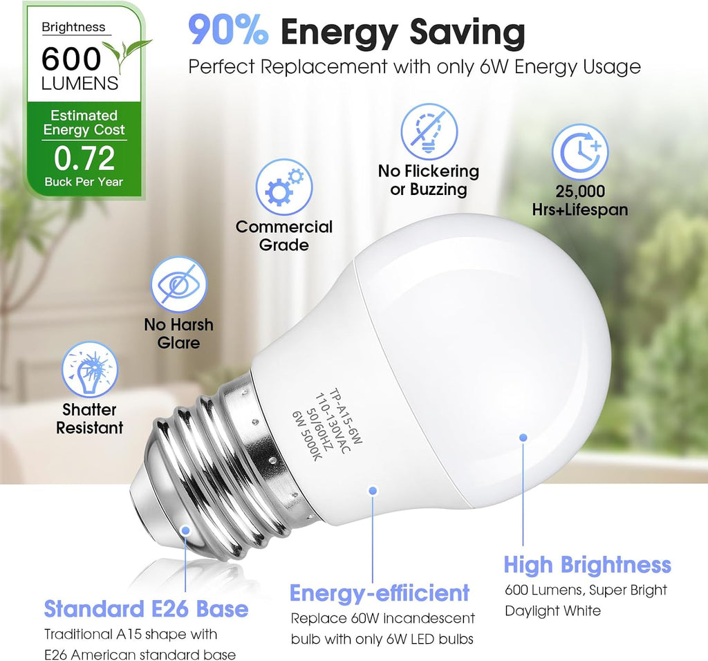 A15 LED Light Bulb, 60 Watt Equivalent LED Bulbs, Daylight White 5000K, 600LM, E26 Base, Non-Dimmable, 6W Bright