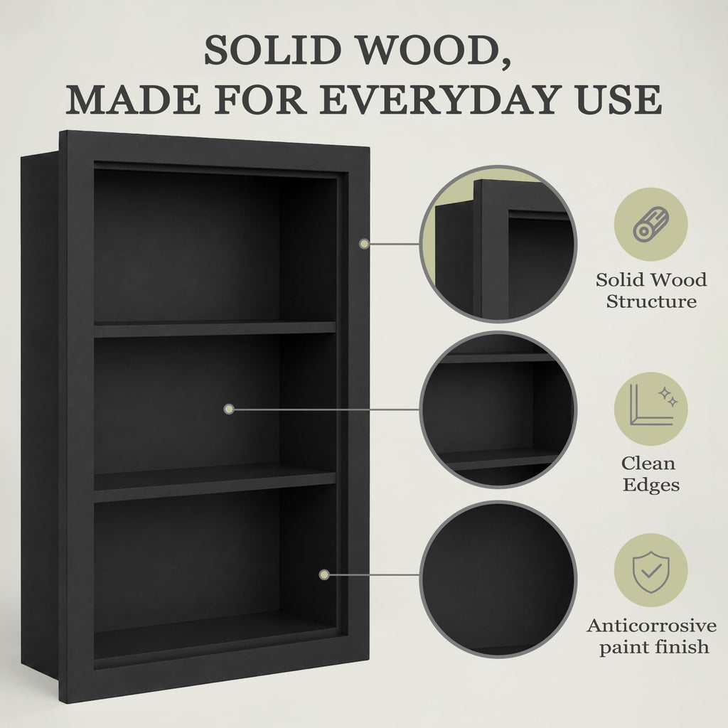 14" x 24" Recessed Medicine Cabinet with 3-Tiers Shelves, Solid Wood, Black