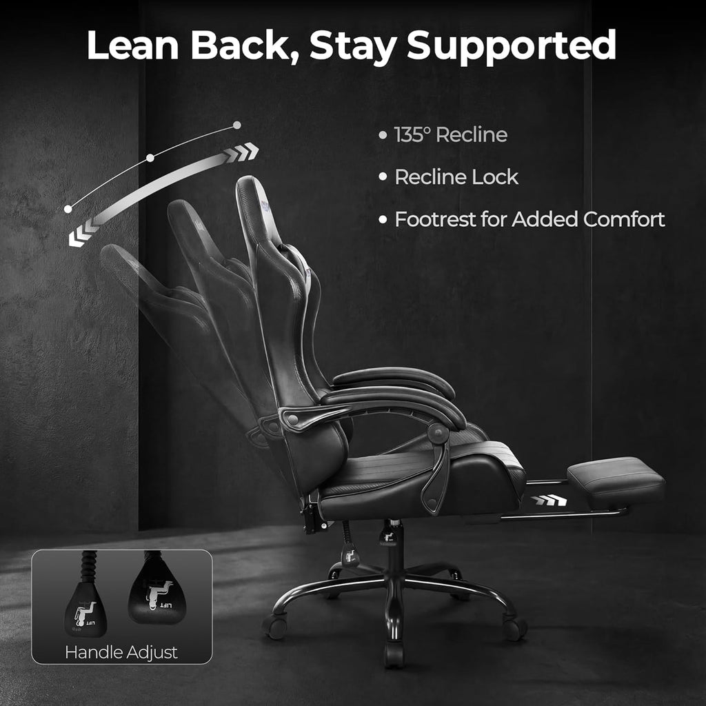 Gaming Chair with Footrest, Lumbar Support, High-Back, Black | Reclining Backrest, Linkage Armrests, Durable PU