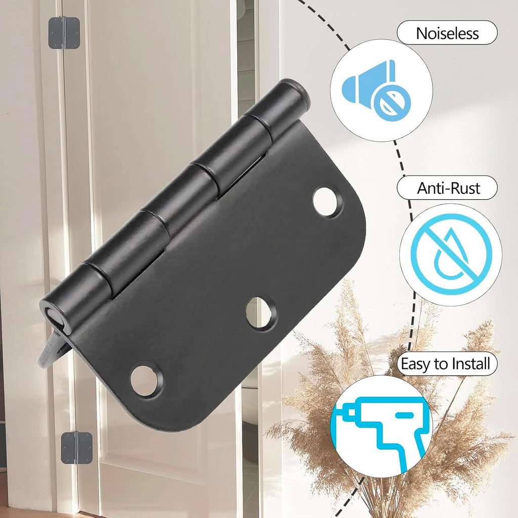 Matte Black Door Hinges 10 Pack 3x3 Inch Interior Door Hinges for Doors Rounded 5/8" Radius Corners Iron Hinge Door