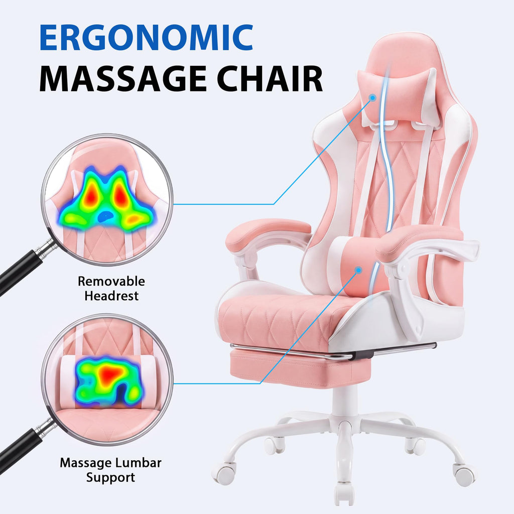 Ergonomic Gaming Chair Footrest & Massage Lumbar Support, Pink