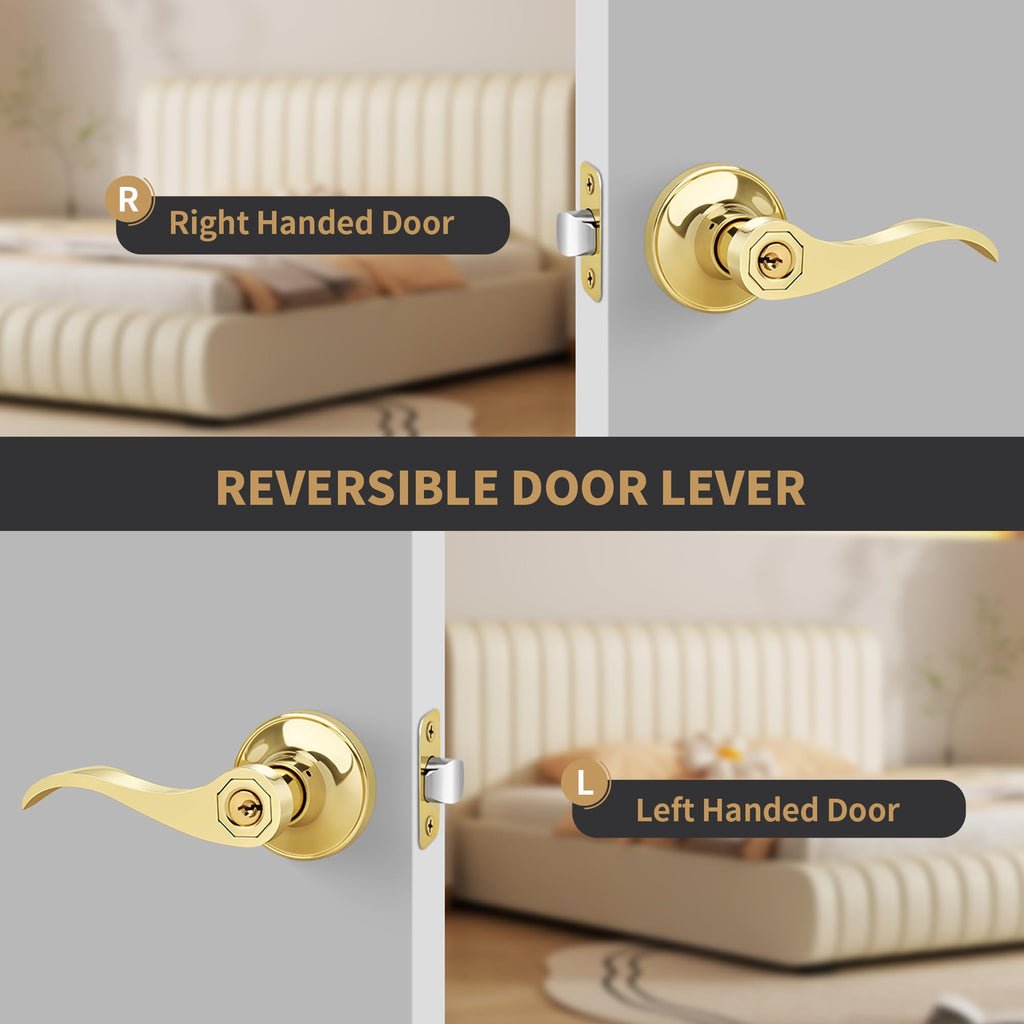 Wave Style Entry Door Handle with Keys, Keyed Door Lever with Lock for Front/Entrance in Polished Brass Finish