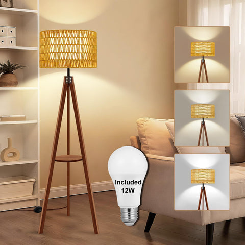 Boho Tripod Floor Lamp with Shelf, Double Lampshades Mid-Century Standing Lamps