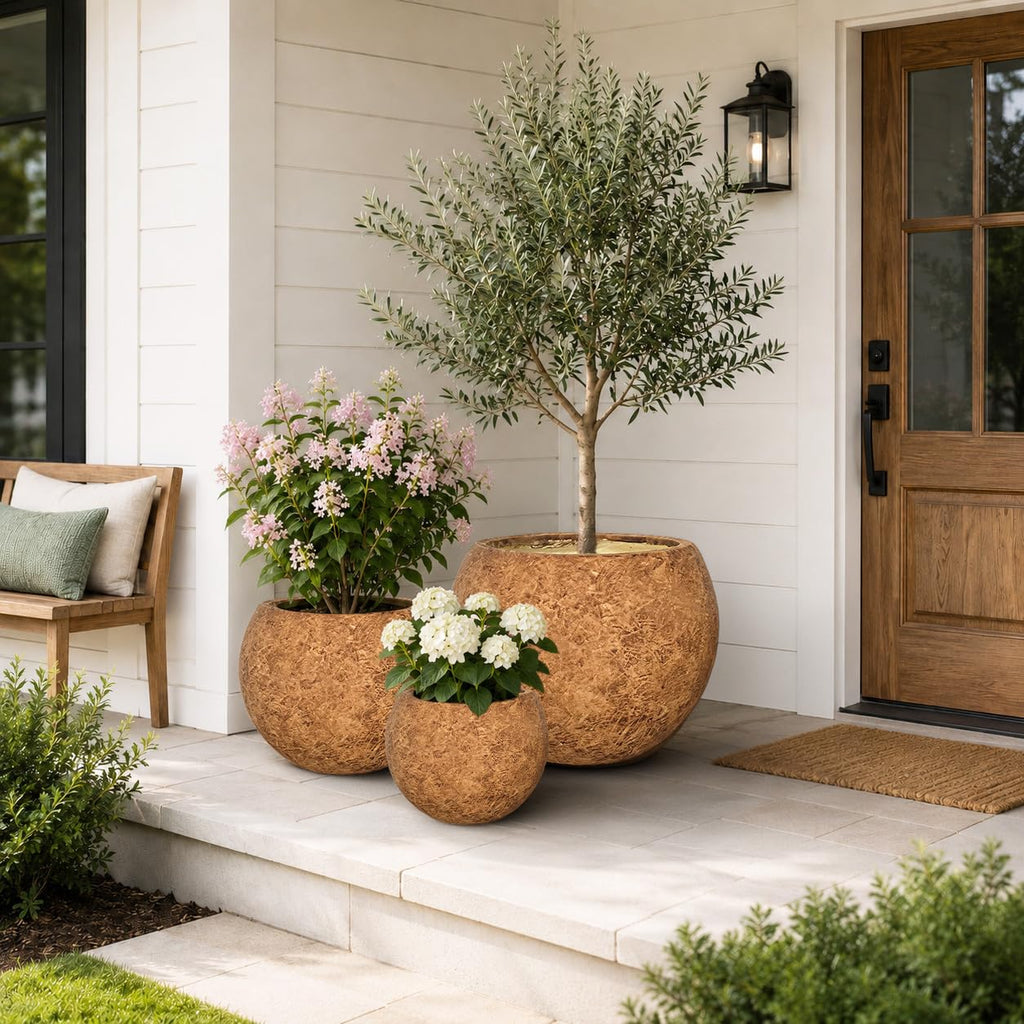 13.5" H x 17" Dia Round Brown Fiberstone Planter Pot with Drainage Hole, Lightweight UV-Resistant Stone-Look