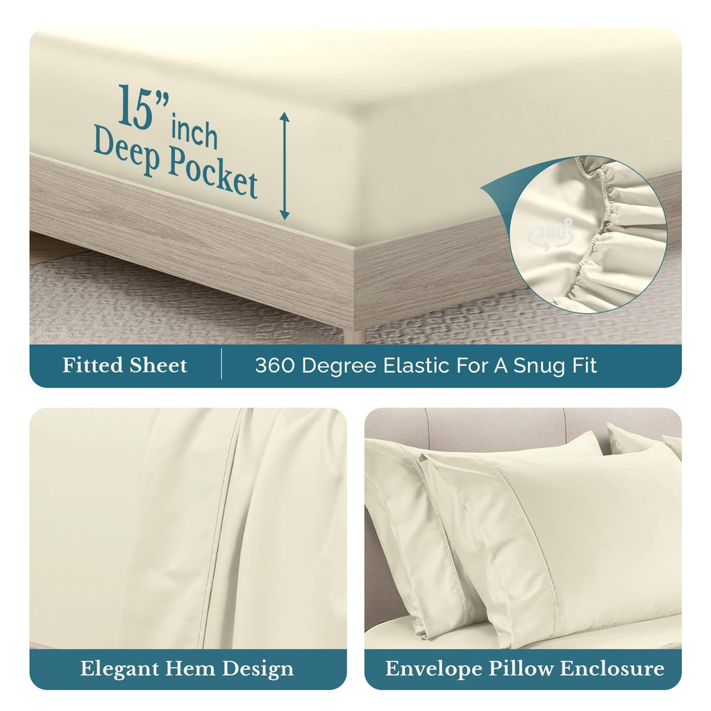 Cal King Size Bed Sheets, 100% Cotton 6 Piece Sheet Set with 500 Thread Count Smooth Sateen Finish, Soft Cotton Sheet