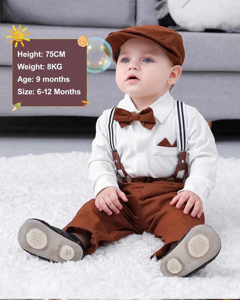 Baby Boy Clothes Set Infant Tuxedo Long Sleeve Gentleman Suit Outfits + Beret Hat + Suspender Pants + Bowtie