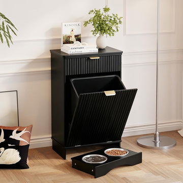 Tilt-Out Trash Cabinet with Dog Feeding Station, Pet Food Storage, Black