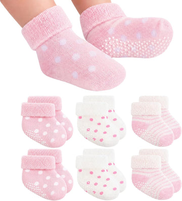 6 Pairs Cotton Baby Girl Socks with Grips Non Slip Toddler Infant Socks Terry Turn Cuff