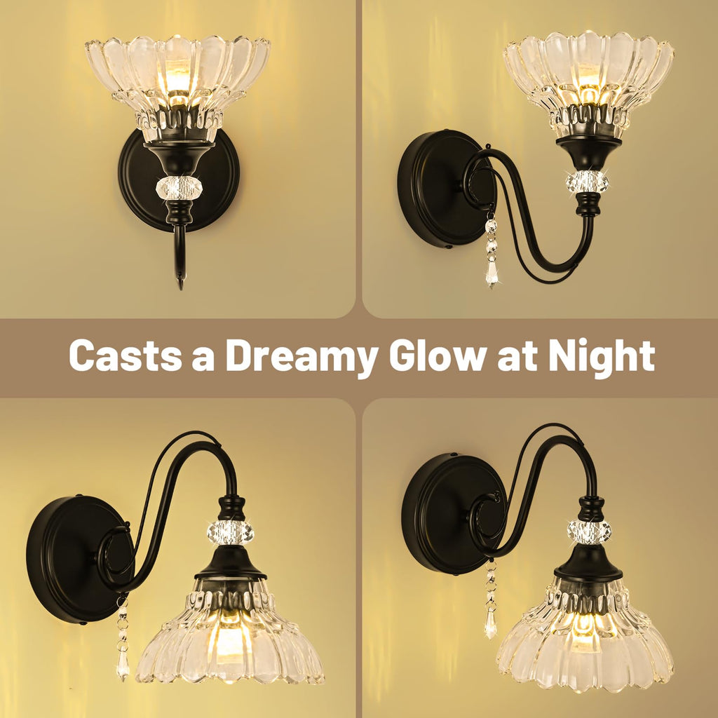 1 Piece Black Wall Sconce, 1-Light Black Farmhouse Wall Sconce with Hanging Crystal Accents and Flower-Shaped Clear