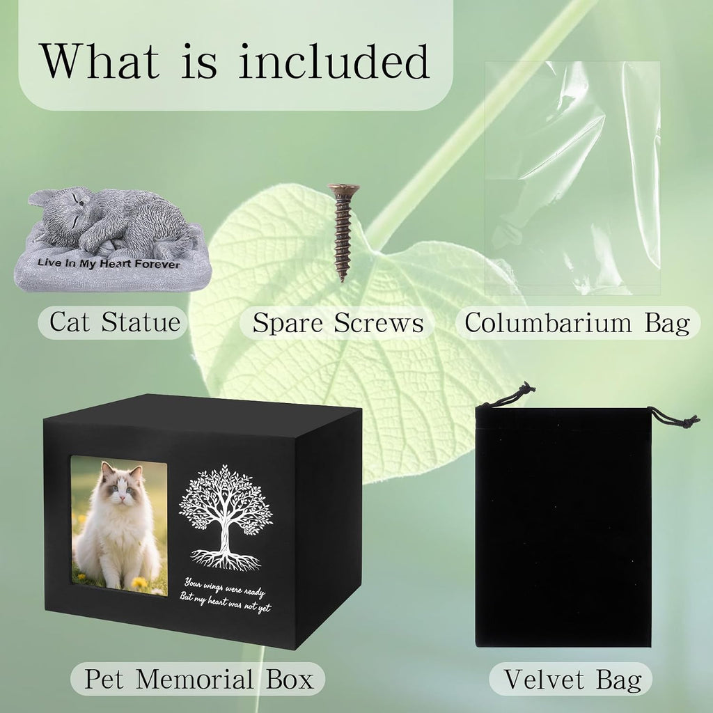 Cat Memorial Urn for Ashes, Wooden Tree Pattern Cat Keepsake Box with Photo Frame, Resin Angel Statue & Velvet Ash