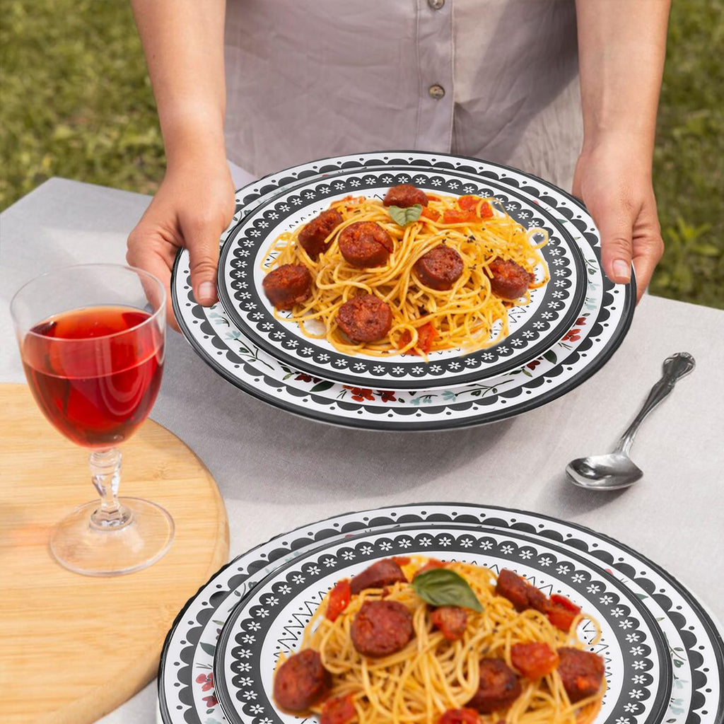 12-Piece Melamine Dinnerware Sets, Unbreakable Black white Plates and Bowls