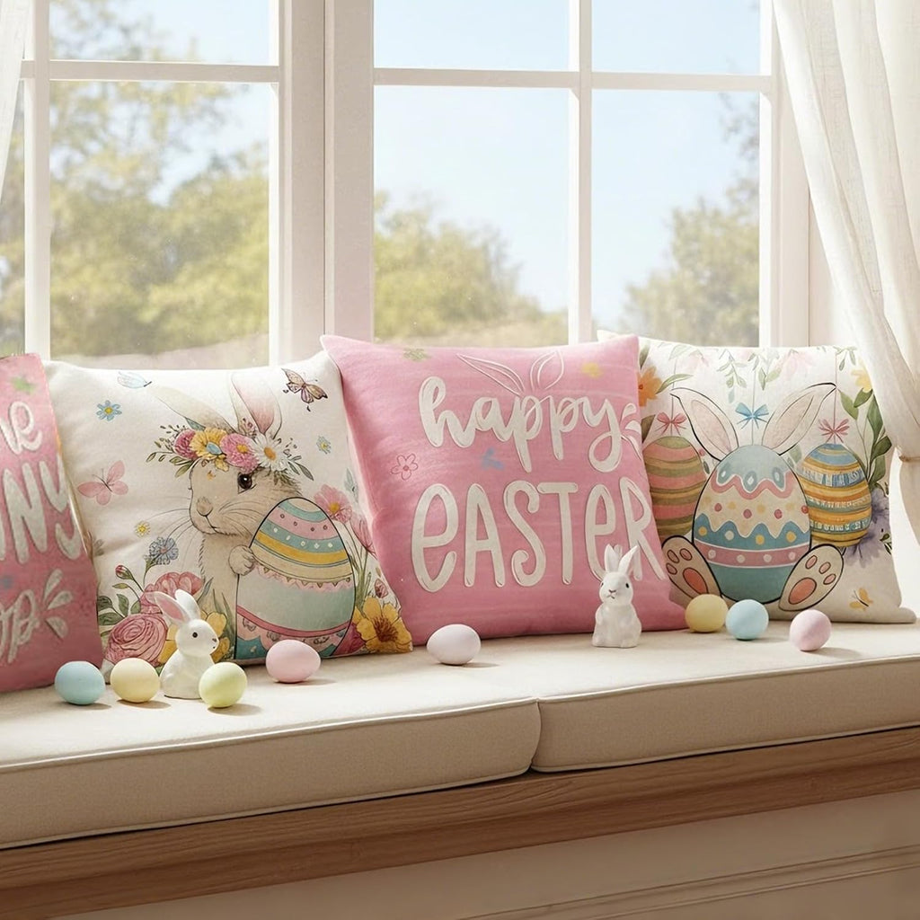 Easter Pillow Covers 18x18, Happy Easter Spring Pillow Cases, Spring Home Decor for Couch, Farmhouse Party - Set of 4