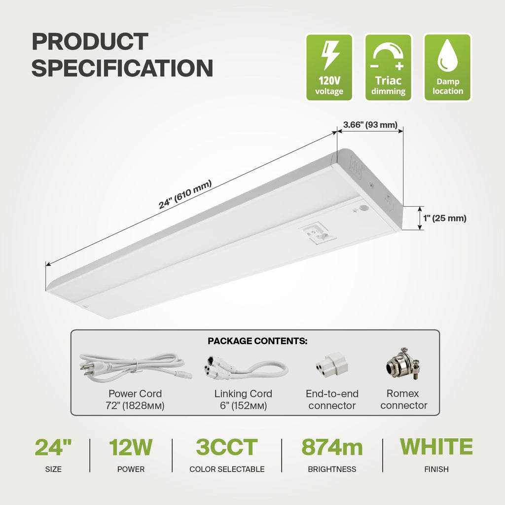 LED Under Cabinet Lighting, 24 Inch 12W, Plug in or Hardwired