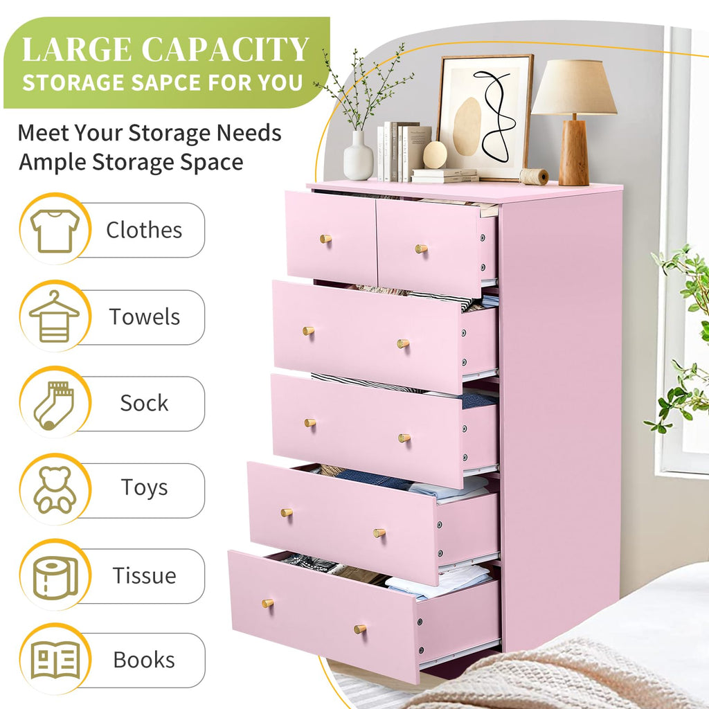 Pink 6 Drawer Dresser, Rose Gold Handle Modern Bedroom Chest