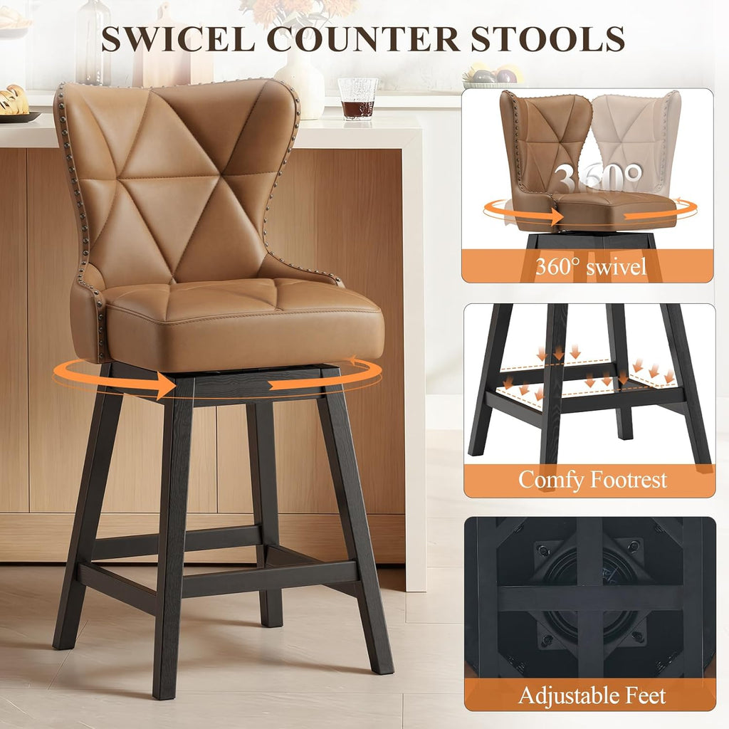 Swivel Counter Height Bar Stools Set of 4, Tall Faux Leather Barstools, Modern Bar Chairs with Solid Back and Wood