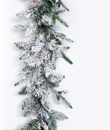 9FT Real Touch Christmas Artificial Garland - Norfolk Pine Flocked Garland with 50 Warm White LED Lights Fireplace