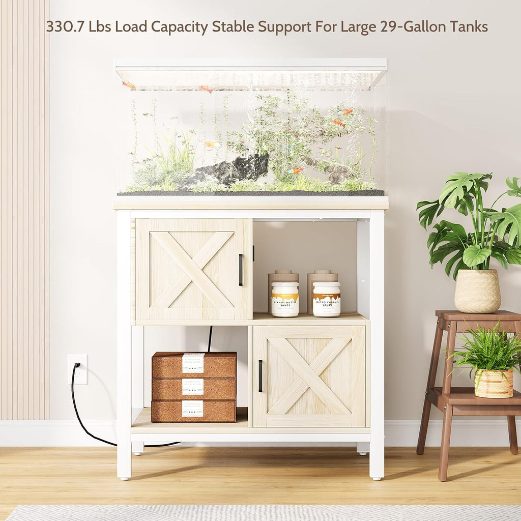 20-29 Gallon Fish Tank Stand with Power Outlet, Farmhouse Aquarium Stand with 2 Cabinets, 20 Gallon Fish Stand with 4