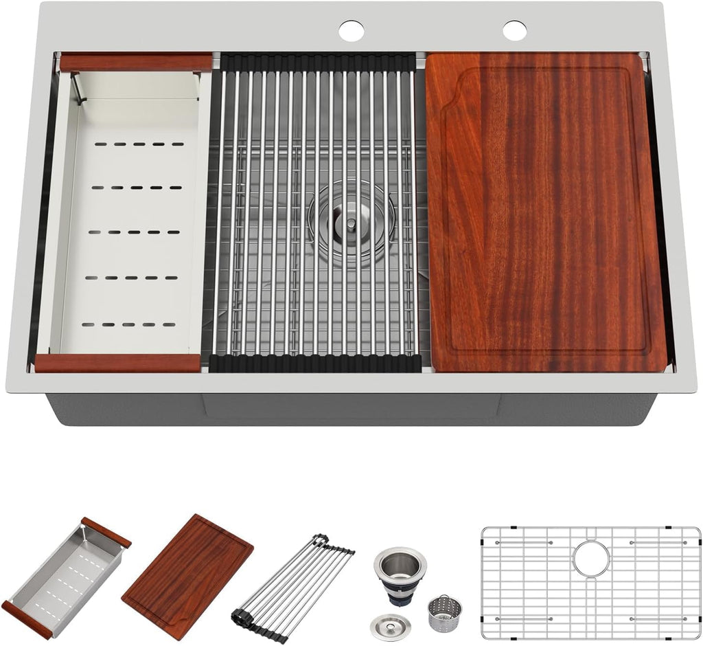 33 Drop In Workstation Kitchen Sink | 33x22 Single Bowl Workstation Sinks Stainless Steel Topmount Sink 16 Gauge
