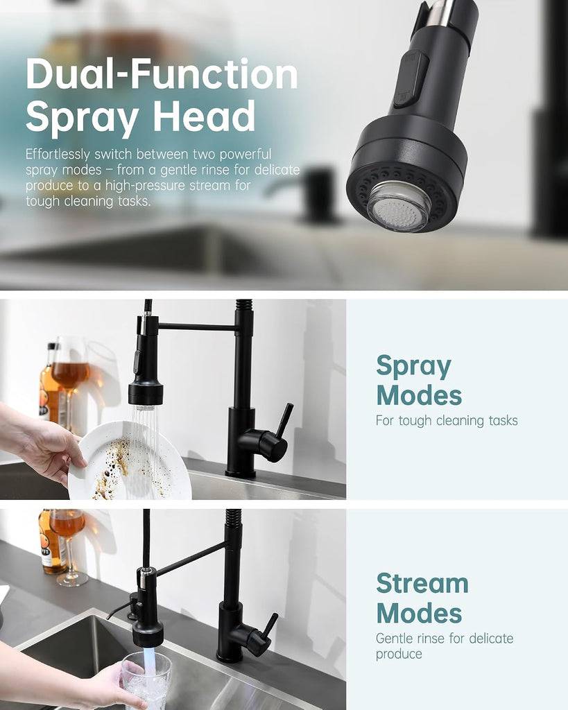 Matte Black LED Kitchen Faucet with Soap Dispenser Pull-Down Sprayer | Modern Single Handle Spring Kitchen Sink