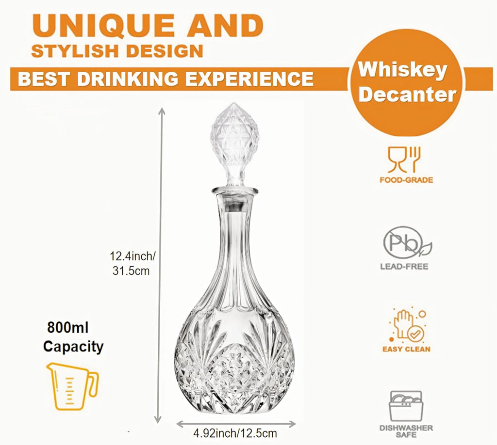Whiskey Decanter with Glass Stopper,27 oz Diamond Engraved Wine Bottle