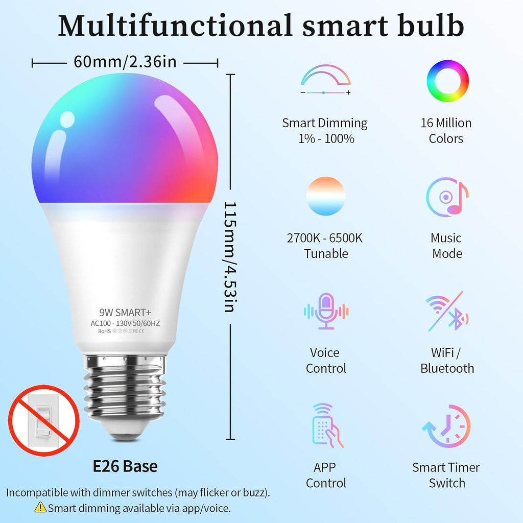 Smart Light Bulbs, Color Changing Smart Bulb Work with Alexa & Google Assistant, 2.4GHz WiFi Bluetooth LED Light