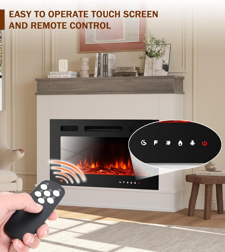 30 Inch Electric Fireplace Insert with Mantel, Freestanding Space Heater with Log Set and Crystal Stones, 750W/1500W, Adjustable LED Flame Colors, White