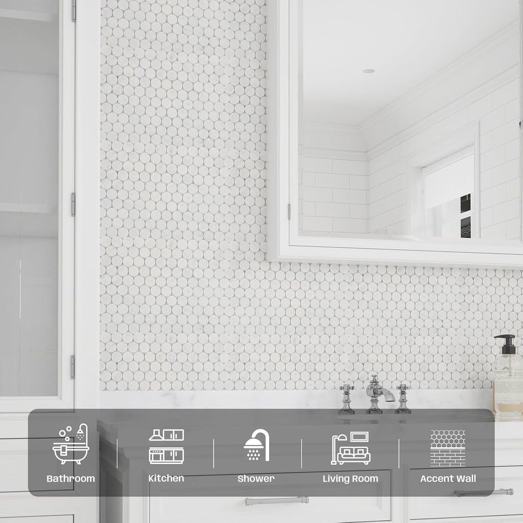 Carrara White Marble Mosaic Tile Bathroom Floor 1 Inch Penny | Water & Heat Resistant Polished Marble Backsplash for