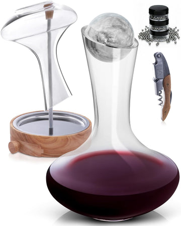 Crystal Wine Decanter Set with Drying Stand, Corkscrew, Marble Stopper, Cleaning Beads - 750ml Hand Blown Glass Wine