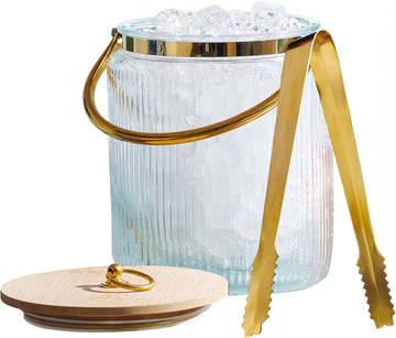 Glass Ice Bucket with Airtight Lid, Tong Scooper and Handle - 3L Ribbed Beverage Tub Cocktail Home Bar Accessories