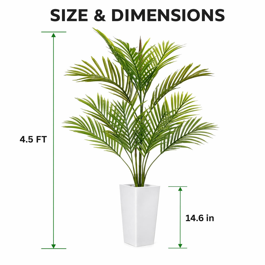 4.5FT Artificial Palm Tree, Tall Faux Plants Indoor Tropical Areca with White Planter and Lifelike Leaves, Fake