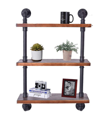 Industrial Pipe Shelving Bookshelf Rustic Modern Wood Ladder Storage Shelf 3 Tiers Retro Wall Mount Pipe Design DIY