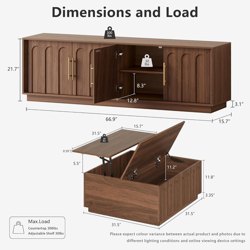 TV Stand for 75 Inch TV and Coffee Table Set of 2, Arched Design with Wood Grain Finish, Media Console with
